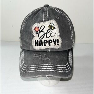 Bee‎ Happy Strapback Hat Women's OS Gray Novelty Spring Motivational Adjustable